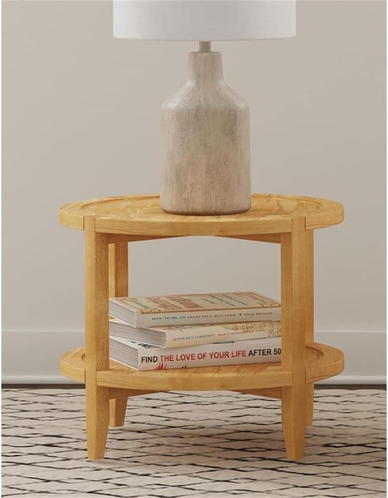 Pemberly Row Round Solid Wood End Table, 23.5 in Wide, Maple Brown Finish, Asian Hardwood Construction, Lower Shelf, Modern Farmhouse Style for Living Room or Bedroom Decor
