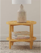 Pemberly Row Round Solid Wood End Table, 23.5 in Wide, Maple Brown Finish, Asian Hardwood Construction, Lower Shelf, Modern Farmhouse Style for Living Room or Bedroom Decor