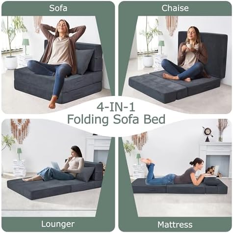Folding Sofa Bed, Convertible Sleeper Chair Bed, Floor Sofa with Bag | Fold out chair bed/ couch bed, Foam floor futon sofa bed with pillow for guest/ visitor use as temporary floor bed, for adult