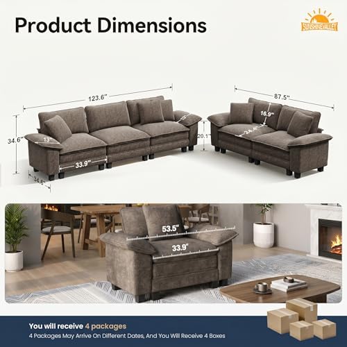 SUNSHINE VALLEY 2-Piece Sofa Set, Loveseat & 3-Seat Couch, Chenille Brown | Modern Grayish Brown, Modular Sectional Living Room Furniture Set, Sturdy Wood Frame, Oversized Wider Armrest and Deep Seat