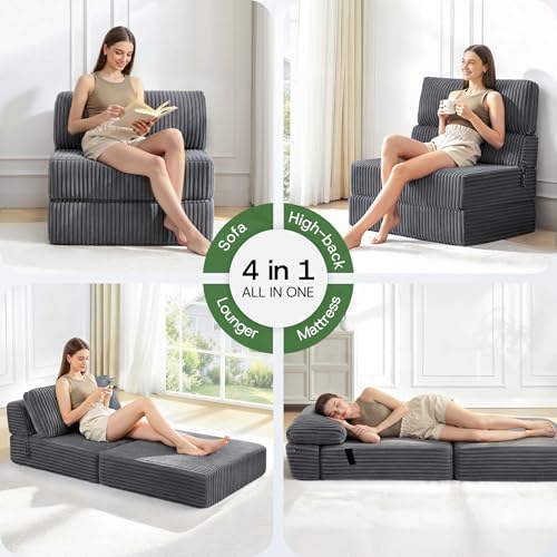 Convertible 4-in-1 Folding Sofa Bed Sleeper Chair Couch Foldable Chaise Lounger & Mattress Pocket Coils+Foam Fill Medium Support, No Assembly for Living Room/Bedroom, Twin