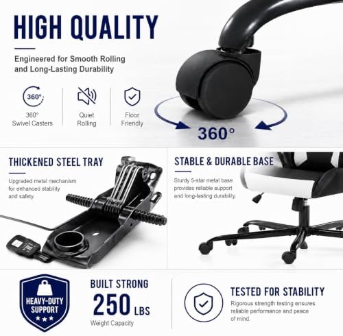 BestOffice High-Back Gaming Chair PC Office Chair Computer Racing Chair PU Desk Task Chair Ergonomic Executive Swivel Rolling Chair with Lumbar Support for Back Pain Women, Men,White