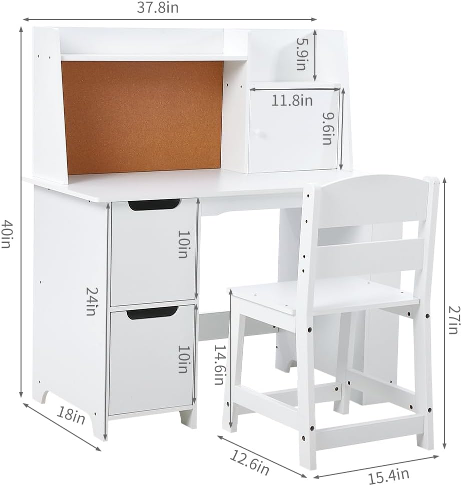 White Study Desk and Chair Set with Storage | Kids' Learning Table for Boys and Girls, Ages 3-8