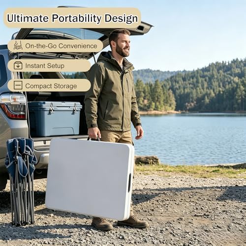 1 Set 6 FT Rectangle Folding Table with Carrying Handle, Lightweight Fold-in-Half Utility Table, with Matching Black Stretch Spandex Covers, Ideal for Weddings, Parties, Camping, Banquets, Crafts