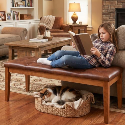 Ottoman Bench Oversized Entryway Shoe Bench Seat Faux Leather Brown | Large Long Rectangle Dining Bench with Button-Tufted Padded Upholstered Seat & Wood Legs for Living Room Bedroom End of Bed