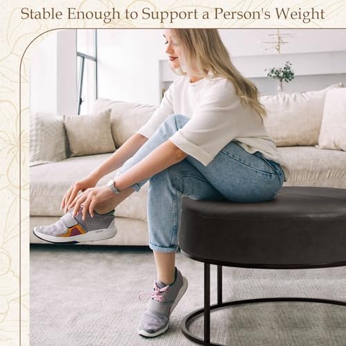 Modern Round Coffee Table, Farmhouse Ottoman for Living Room, Large Vintage Faux Leather Coffee Tables with Leather Upholstered Padded Seat [Round, Vintage Black, 30'']