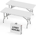 Bonnlo 2P Folding Table 6ft, Portable Collapsible Plastic White Long Tables for Party, Camping, Banquet, Craft, Dining, Wedding, Outdoor and Indoor Use