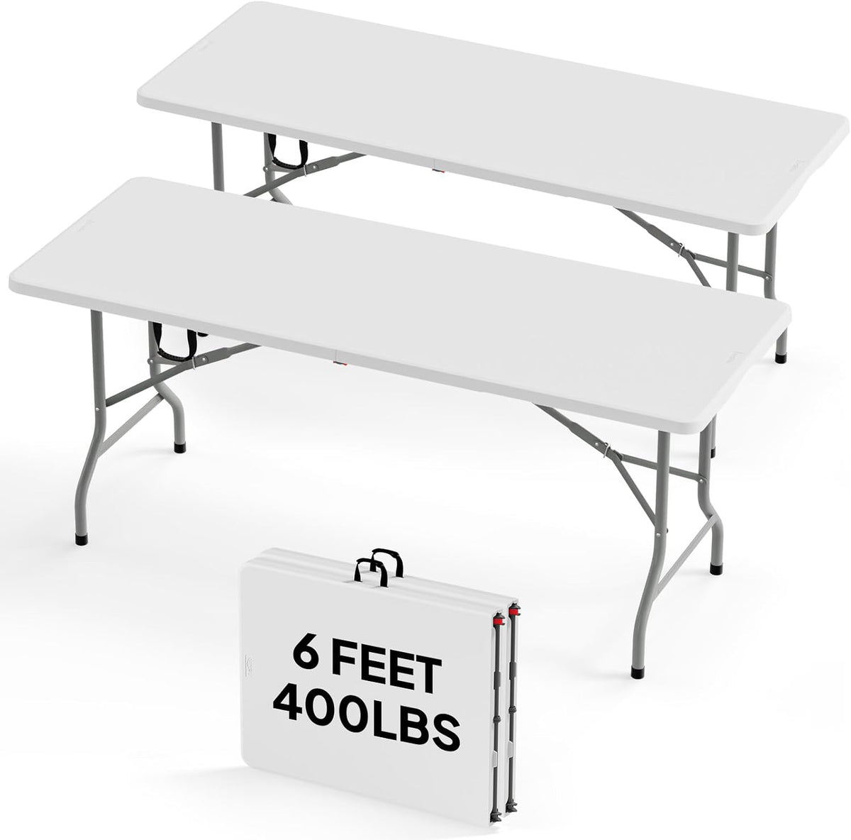 Bonnlo 2P Folding Table 6ft, Portable Collapsible Plastic White Long Tables for Party, Camping, Banquet, Craft, Dining, Wedding, Outdoor and Indoor Use