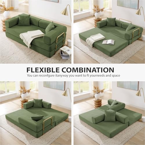 4-in-1 Folding Convertible Sofa Bed, 78 Inch Oversized Corduroy Upholstered Couch, Loveseat Sleeper with Pull Out Bed, Floor Sofa Modular Futon Couch for Living Room Bedroom Lounge, Green