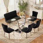 Mid Century Modern Glass Dining Table Set for 6 with Bench, 63'' Large Luxury Clear Rectangular Glass Top Dinner Room Set, 6 PCS Retro Furniture Kitchen Set, Black High-end Tufted Chairs