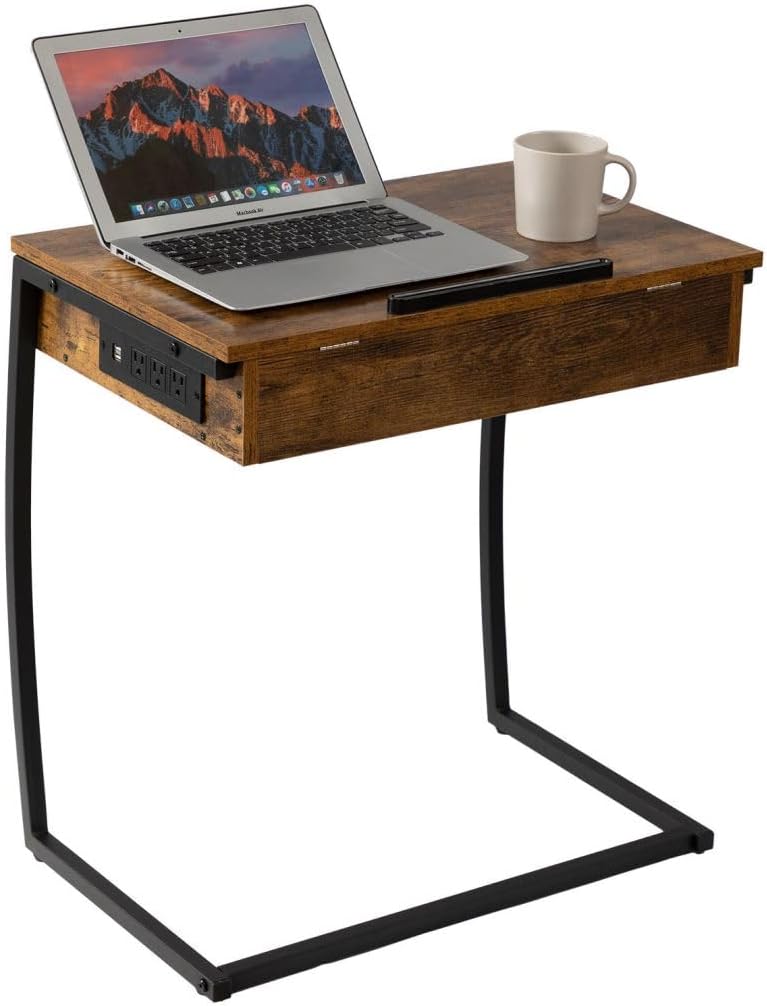 Hadulcet C Shaped End Table with Charging Station, Tiltable 0-52° | TV Tray Table Couch Tables That Slide Under, C Table End Table with Storage, Small Table Couch Desk for Small Spaces, Brown