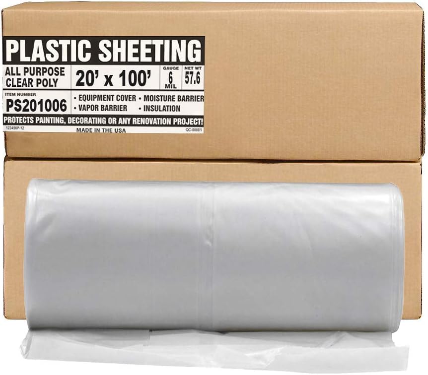 Aluf Plastics Plastic Sheeting - 20' x 100', 6 MIL Heavy Duty Gauge - Clear Vapor and Moisture Barrier Sheet Tarp/Drop Cloth for Painting & Furniture (1 Pallet of 25 Pack)