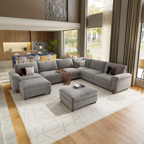 SITJOY Cloud Couch Sectional, 6 Seater V-Shaped, Chenille in Light Gray | Detachable and Washable Cover, Sectional Sofas for Living Room, Deep Seat Wide Couch with Chaise, Storage Ottoman