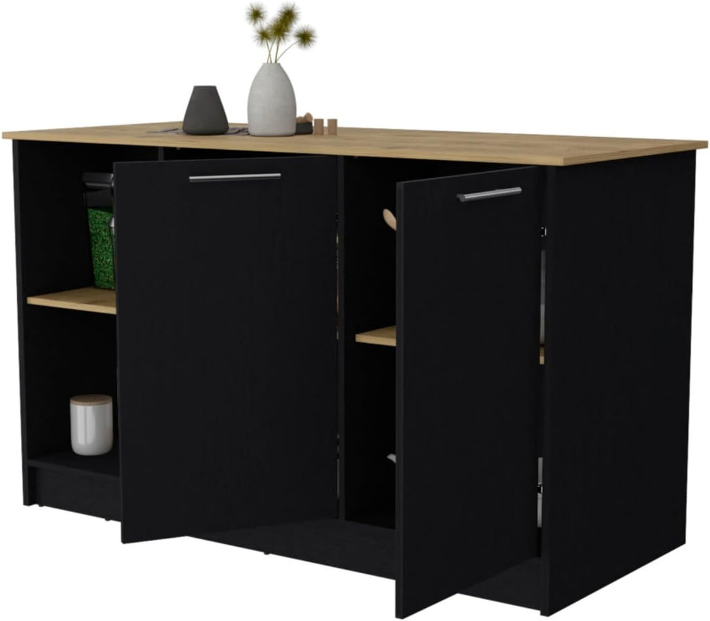 Hassyee Fashionable and Minimalist Style Fixed Kitchen Island, Equipped with Spacious Countertops, Two Open Storage Shelves, Double Door Design, Suitable for Kitchen Use (Black+Natural)
