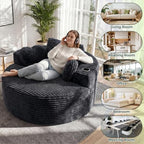 56''Oversized Round Chair Lounge Chaise Indoor with Cup Holders & Side Pocket, Corduroy Cloud Circle Single Deep Seat Chair, Modern Comfy Floor Sofa with Heart Pillows for Living Room,Bedroom