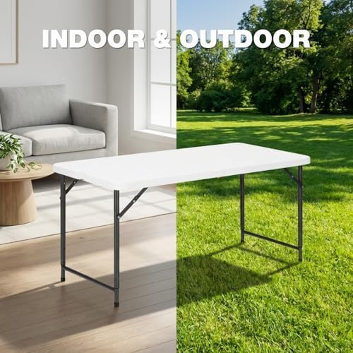 4ft Folding Table with Adjustable Height, 2-Level Foldable Table with HDPE Top & Steel Legs, Portable 4 Foot Folding Table for Picnic, Party, Craft, Indoor Outdoor Use, White