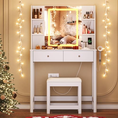 Vanity Desk with LED Mirror, 3 Lighting Modes and Chair | Small Makeup Vanity Table Set with Drawers, Dressing Table with Power Outlet for Girls Bedroom, White