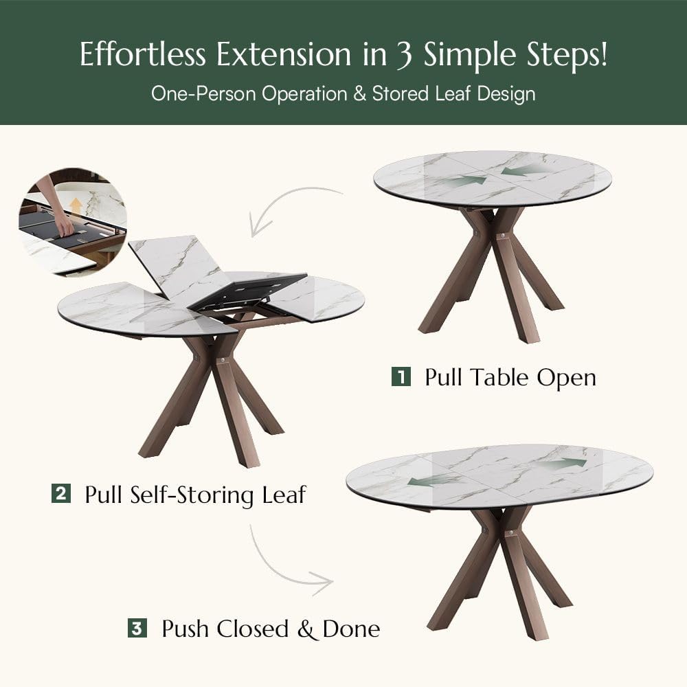 POVISON Modern Extendable Dining Table, 47" to 63" Round to Oval Sintered Stone Kitchen Table with Carbon Steel Pedestal Base for 4-6, White with Bronze(Table Only