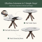 POVISON Modern Extendable Dining Table, 47" to 63" Round to Oval Sintered Stone Kitchen Table with Carbon Steel Pedestal Base for 4-6, White with Bronze(Table Only