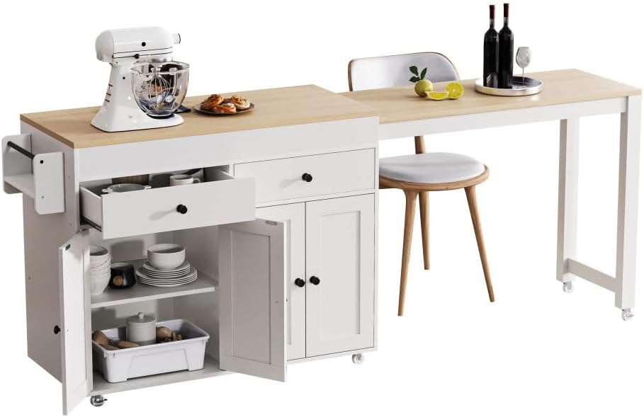 ZOEDO K&K 74.5 Inch Kitchen Island with Extendable Dining Table, Rolling Kitchen Island on Wheels with Spice Rack and 2 Drawers, 4 Door Cabinet, for Kitchen, Dining Room, White (One Package)