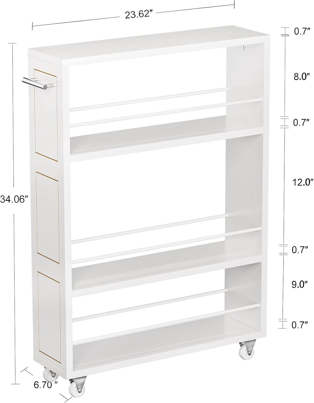 KLM 4 Tier White Slim Storage Cart with Handle, Slide Out Storage Rolling Utility Cart for Kitchen, Laundry, Narrow Places-6.7" W