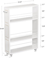 KLM 4 Tier White Slim Storage Cart with Handle, Slide Out Storage Rolling Utility Cart for Kitchen, Laundry, Narrow Places-6.7" W