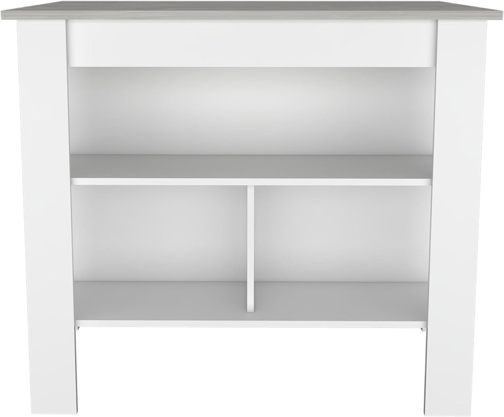 Kitchen Island with Four Legs and Three Shelves - White/Ibiza Marble | Three shelves and four legs provide ample storage and stability