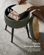 VASAGLE Storage Ottoman, Synthetic Leather Round Seat with Steel Legs | Vanity Chair Stool, with Stitching, Transitional, Loads 150 kg, Forest Green and Matte Black, EKHO Collection ULOM005C01