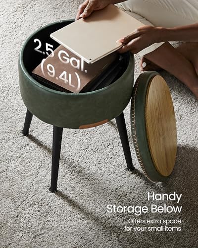 VASAGLE Storage Ottoman, Synthetic Leather Round Seat with Steel Legs | Vanity Chair Stool, with Stitching, Transitional, Loads 150 kg, Forest Green and Matte Black, EKHO Collection ULOM005C01