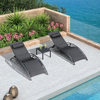 PURPLE LEAF Patio Pool Lounge Chaise Set of 3 Outdoor Lounger Chair, Black | 2 Chaise + 1 Table, Aluminum Frame, UV Textilene Fabric, Adjustable Headrest & 5 Recline Angles, Stackable, S-Curve Backrest