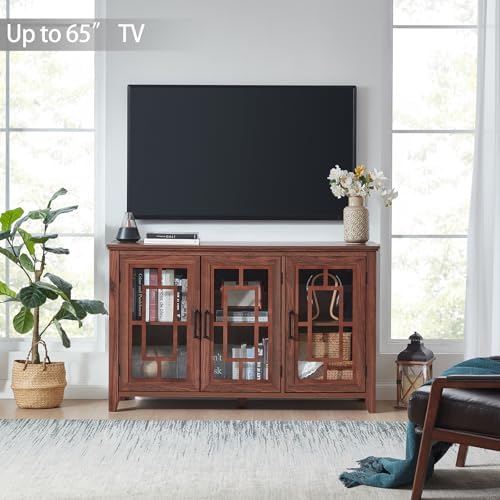 Joaxswe Large Sideboard Buffet Cabinet with Storage, 55" Farmhouse Credenza with 3 Glass Doors, Adjustable Shelves Console Table, Wood Kitchen Coffee Bar for Dining Room, Living Room, Brown