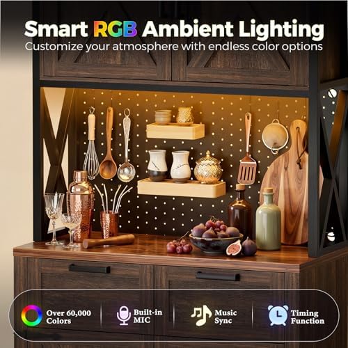 Unikito 71" Tall Kitchen Pantry Storage Cabinet with Microwave Countertop | Weathered Brown, Freestanding Pantry Cabinet Hutch with Charging Station & LED Lights, Drawers & Pegboard for Dining Room