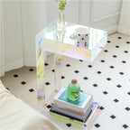 Acrylic Side Table with Integrated Base, Iridescent End Table, C-Shape Nightstand, Rainbow Coffee Table for Living Room, Bedroom