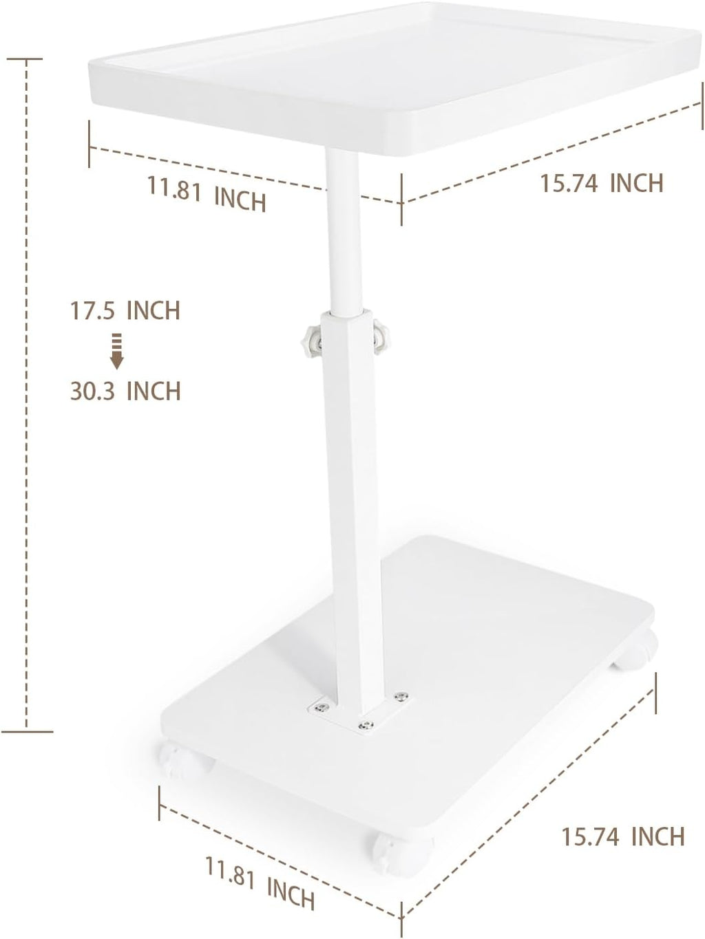 YYW Adjustable C-Shaped End Table with Removable Wheels & Convertible Base - 360° Swivel Height-Adjustable (17.7"-31.5") Sofa/Bedside Table, Minimalist Solid Colors for Modern Spaces (White)