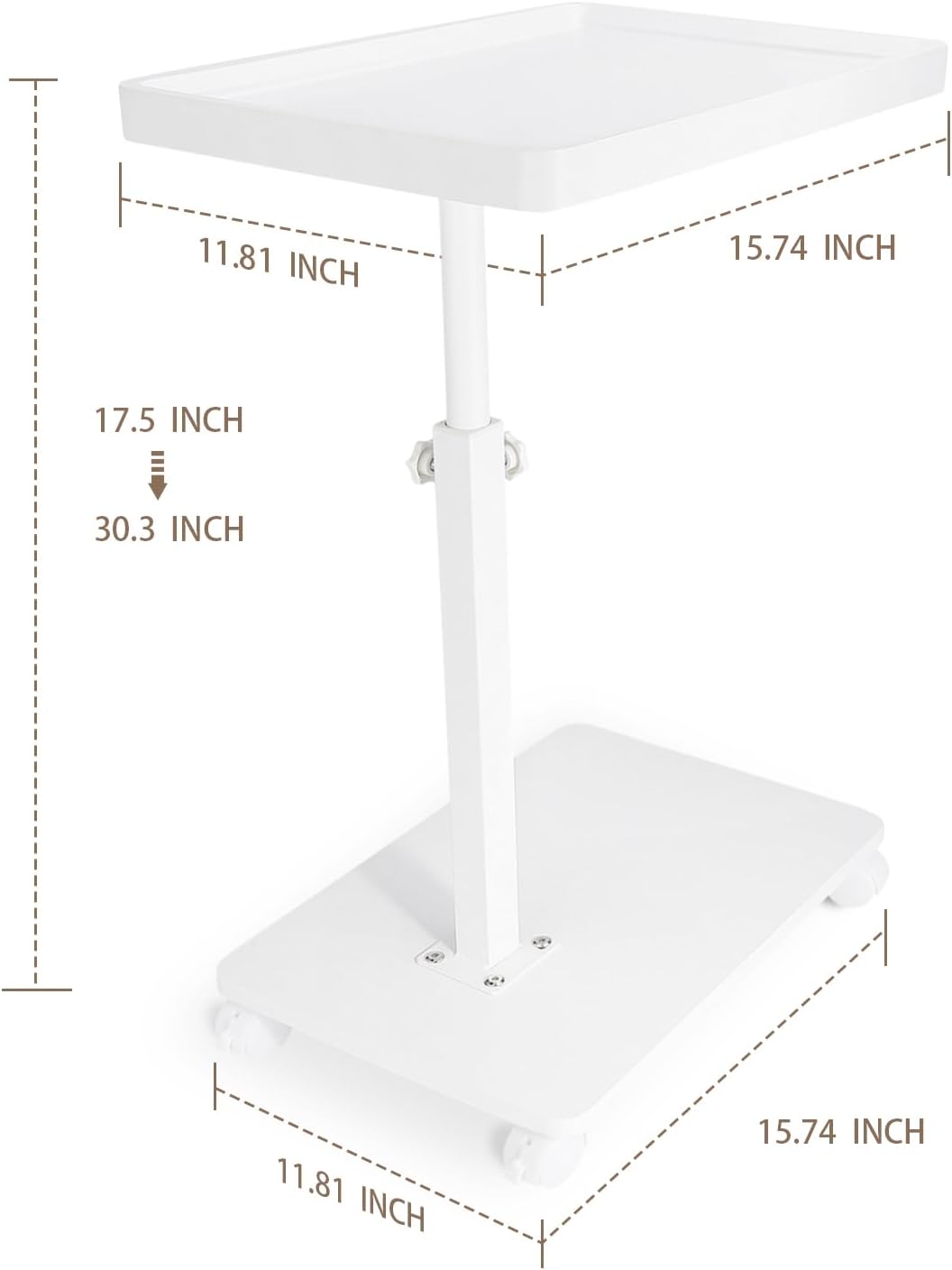 YYW Adjustable C-Shaped End Table with Removable Wheels & Convertible Base - 360° Swivel Height-Adjustable (17.7"-31.5") Sofa/Bedside Table, Minimalist Solid Colors for Modern Spaces (White)