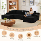 134 Inch Modular Sectional Sleeper Sofa, Cloud Couch for Living Room, U Shaped 5 Seat Sofa with 2 Storage Pockets& 2 Cup Holders, Free Combination, No Assembly Required (Black)