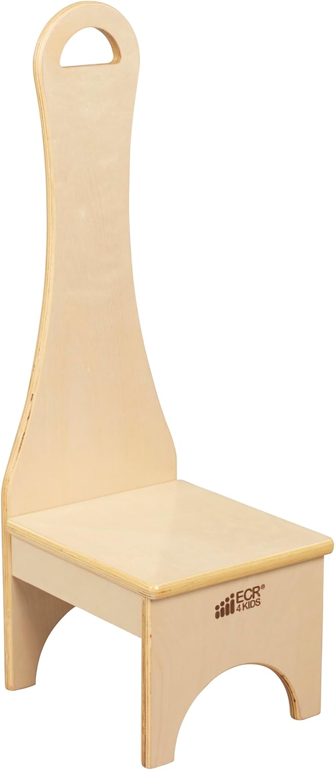 ECR4Kids Step Stool with Long Handle, One Step, Wooden, Montessori Furniture, Natural