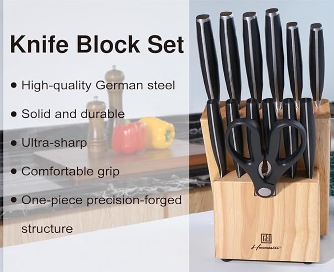 Knife Set, 14 Pieces German Steel Knife Sets for Kitchen with Block, Kitchen Scissors, Sharp Kitchen Knife Set for Home and Restaurants, Classic Elegant Black