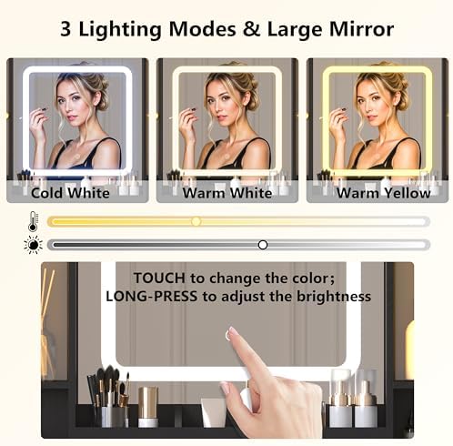 Wodeer Black Makeup Vanity Desk with Mirror & Lights, Modern Vanity Table with Charging Station, 7 Drawers, Glass Cabinet, Adjustable Shelves, Bedroom Dressing Table Set for Women & Girls
