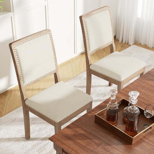 Dining Chair Set of 6, Mid Century Modern Upholstered Dining Room Chairs, Fabric High Back Kitchen Chairs with Nailhead Trim and Wood Legs for Living Room Kitchen Restaurant, Beige
