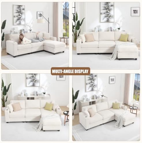 97" Modular Sectional Couch with Storage, Corduroy 3-Seater L Shaped Sofa with Ottoman Chaise, Removable Sofa Cover, Cloud Modular Sofas for Living Room, Apartment