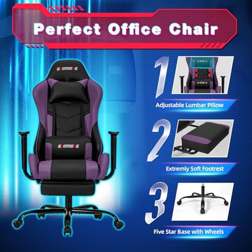 ECOTOUGE Violet Ergonomic PC Massage Gaming Chair with Footrest | Reclining Racing PU Leather, Swivel Rocker, Headrest, Lumbar Pillow, Office Desk Chair, Adjustable Height, Sturdy Base