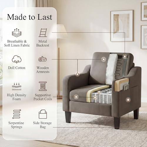 Accent Chairs Set of 2 for Living Room, Mid-Century Upholstered Armchair with Foldable Table & 2 Side Pockets, Modern Linen Wooden Sofa Chair for Bedroom & Reading Room, Brown