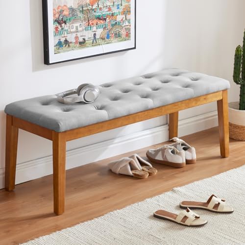 Ottoman Bench Oversized Entryway Shoe Bench Seat Linen Grey | Large Long Rectangle Dining Bench with Button-Tufted Padded Upholstered Seat & Wood Legs for Living Room Bedroom End of Bed