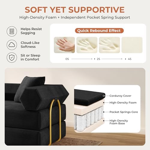 79" Convertible Futon Sofa Bed, Couch for Living Room | Black | 5-in-1 Corduroy Modular Futon Couch with Pocket Springs, Sleeper Sofa, Pull Out Couch Bed, No Assembly