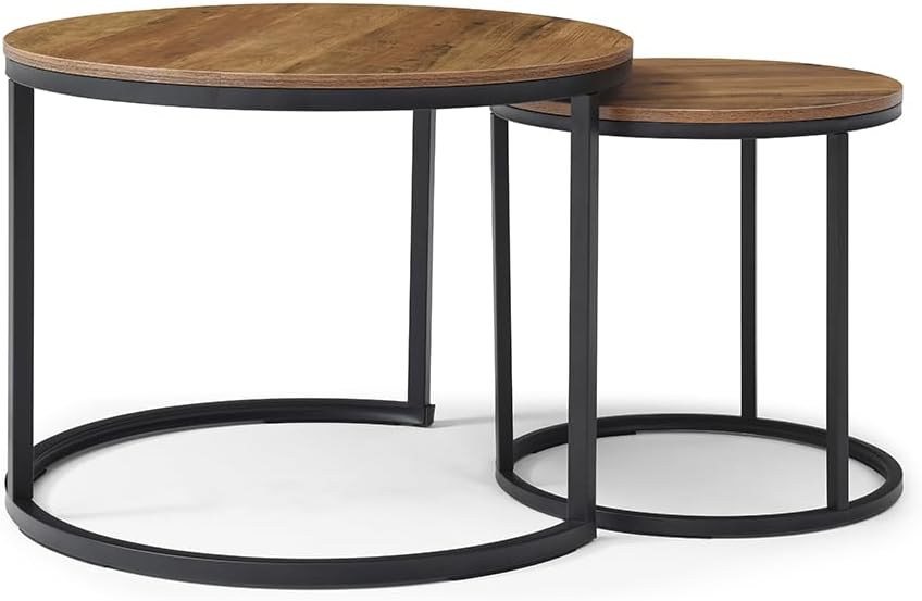Nesting Coffee Table Set of 2, Steel Frame Circular Round Table Set, Modern Round Side Table with Non-Slip feet, Faux Marble End Tables for Living Room, Bedroom, Balcony (Walnut)