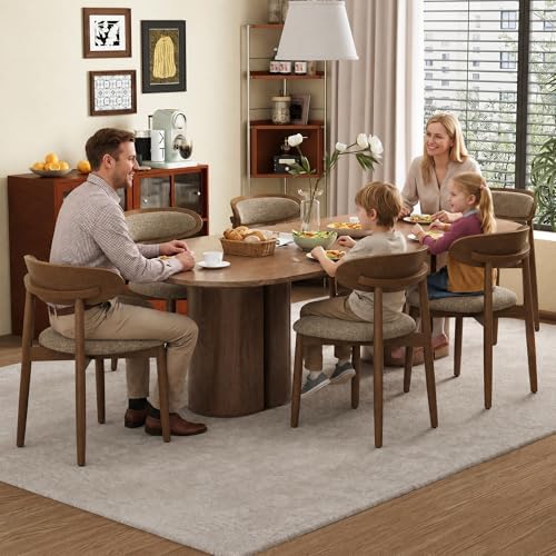 Dining Chairs Set of 6, Upholstered Dining Room Chairs with Solid Wood Legs | Mid Century Modern Dining Chairs, Fabric Kitchen Chairs with Ergonomic Curved Backrest for Dining Room, Vanity, Camel