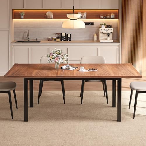 Einhomn Extendable Dining Table for 4-6, 63" Modern Kitchen Table, Farmhouse Dining Room Tables for Dining, Kitchen, Office, Living Room, Rectangular Wooden Tables, Space Saving (Walnut)
