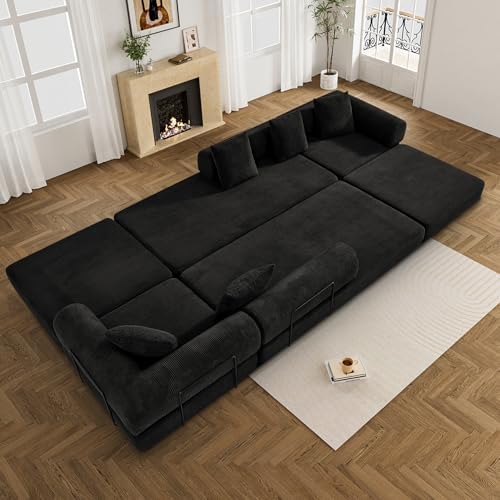 DAMAIFROM Convertible Sleeper Sofa Bed Floor Couch, Black | 158" Corduroy Modular Compressed Futon Sofa Bed, Pull-Out Cloud Sectional Couch with Memory Foam Mattress for Living Room