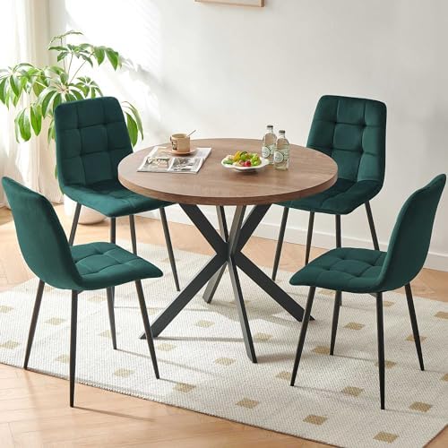 Homedot 37" Round Table Set for 4 Person, Modern Kitchen Table Set, Imitation Wood Dining Table with Space Saving Dining Chairs, Dark Green Velvet Side Chairs